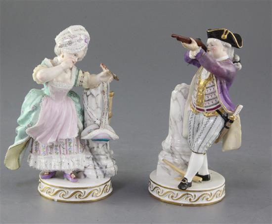 A pair of Meissen figures of a lady and gentleman, 19th century, after the model by Acier, height 15.5cm. some restorations